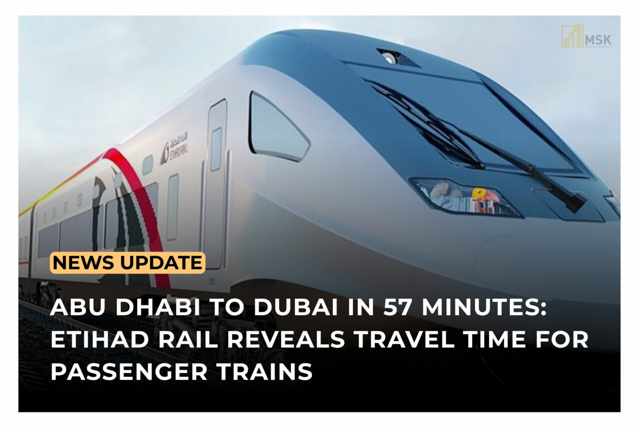 Etihad Rail high-speed train traveling from Abu Dhabi to Dubai in 57 minutes, offering modern, fast, and comfortable transportation across the UAE.