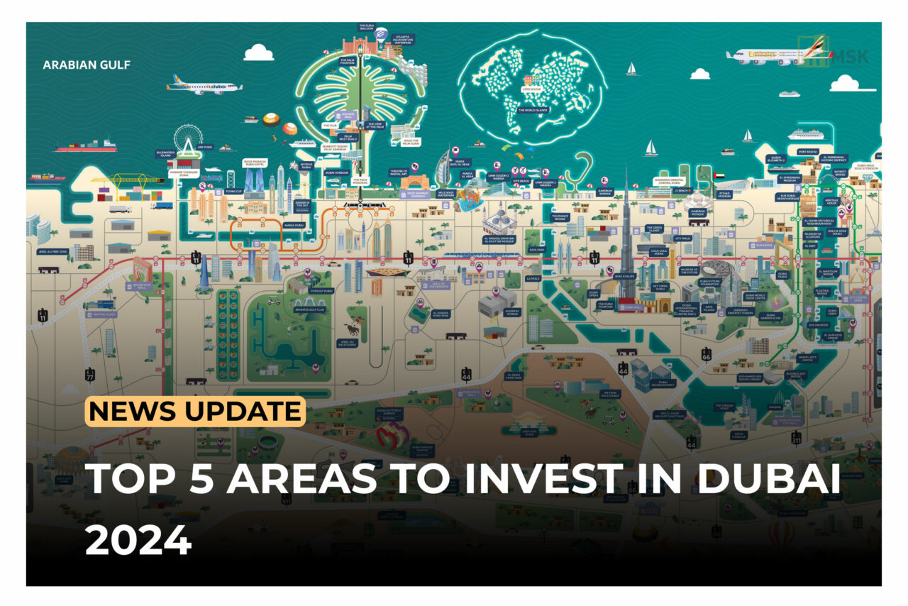 Top investment opportunities in Dubai real estate market 2024, featuring areas like Dubai South, Palm Jumeirah, and Jumeirah Village Circle.