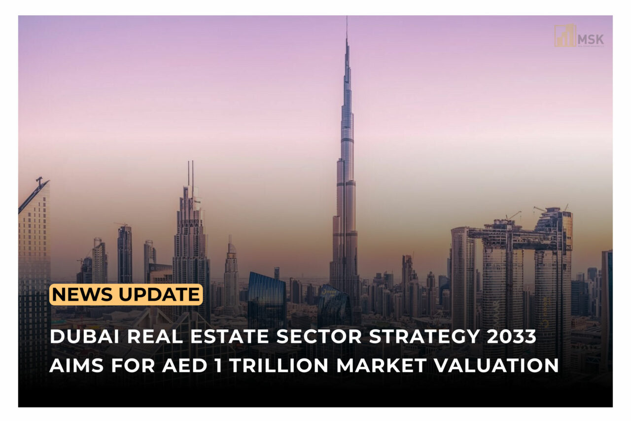 Overview of Dubai Real Estate Strategy 2033 with cityscape and futuristic urban planning visuals.