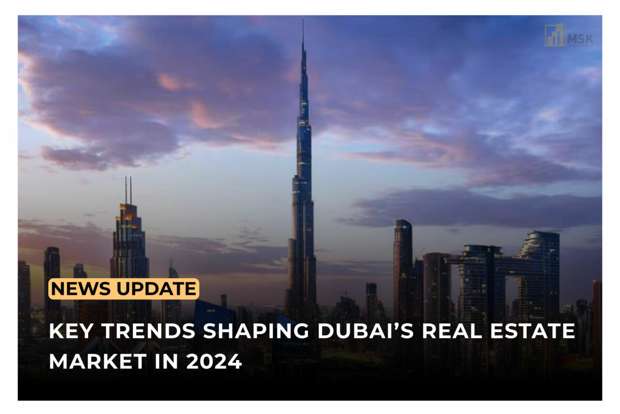 Real Estate Trends in Dubai 2024: A panoramic view of Dubai’s skyline featuring residential and commercial developments.