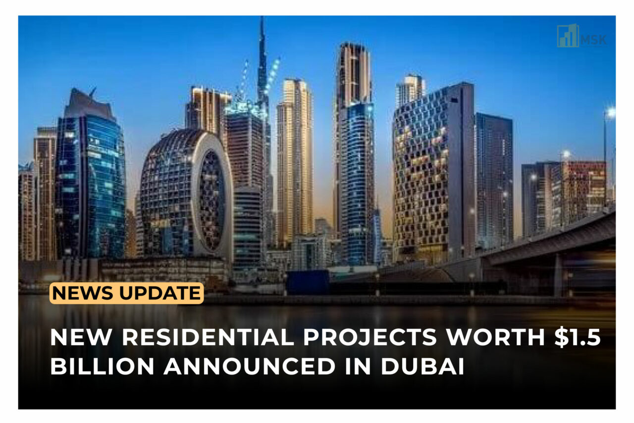 Artist's impression of Dubai AED 5.4 billion housing projects featuring modern homes in a lush community.