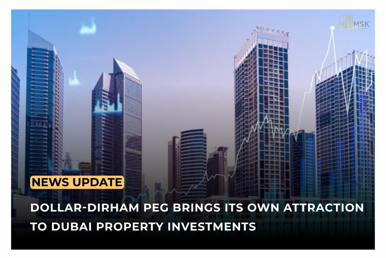 Dubai skyline featuring modern high-rise buildings with financial market graph overlays, illustrating the impact of the dollar-dirham peg on real estate investments.