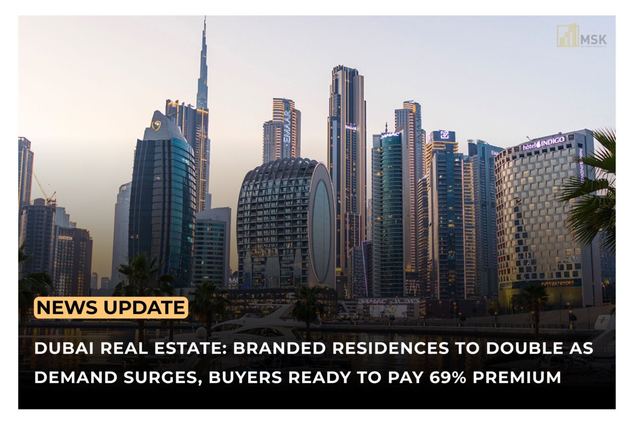 Dubai skyline with branded residences and luxury towers, showcasing Burj Khalifa and demand surge in Dubai real estate market 2025.